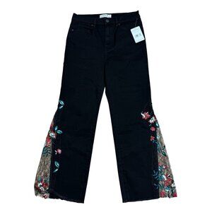 FREE PEOPLE JEANS FLARE EMBROIDERED LACE FLORAL BLACK SIZE 29 OB739855 BOHO NEW